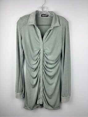 Babyboo Kyesha Sage Green Ruched Button-Up Long Sleeve Shirt Dress Sz M